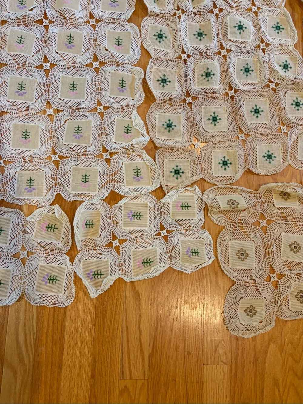 Crocheted Lace Doily Panels with  Embroidery, table runner, placemats